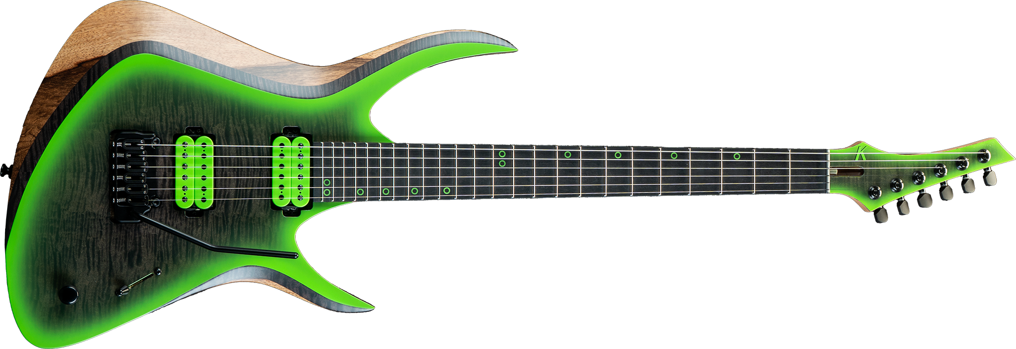 Antares 6-string in lime burst finish with natural wood binding and Floyd Rose tremolo